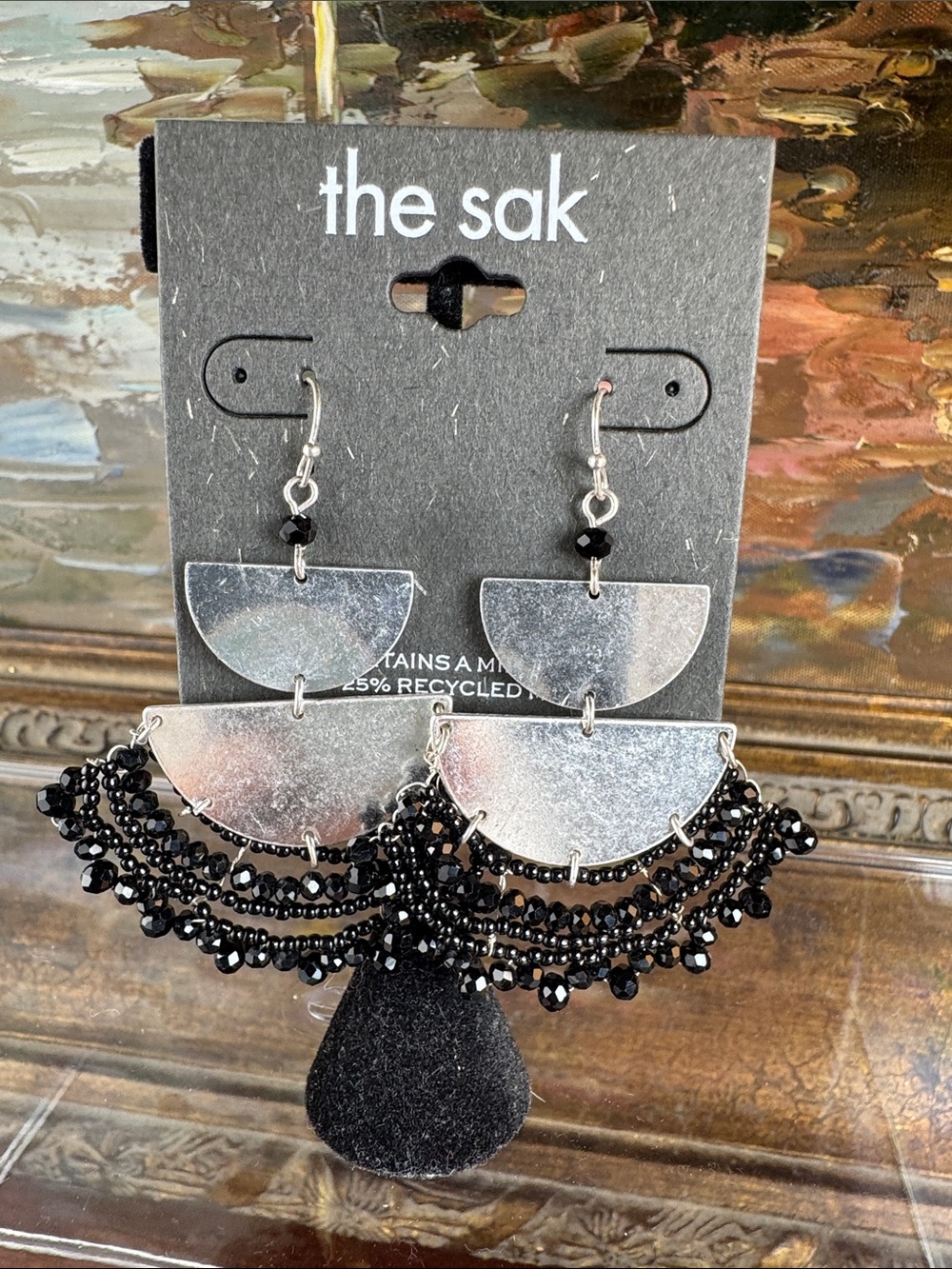 0636-the sak Black and Silver Beaded Fan Drop Earrings